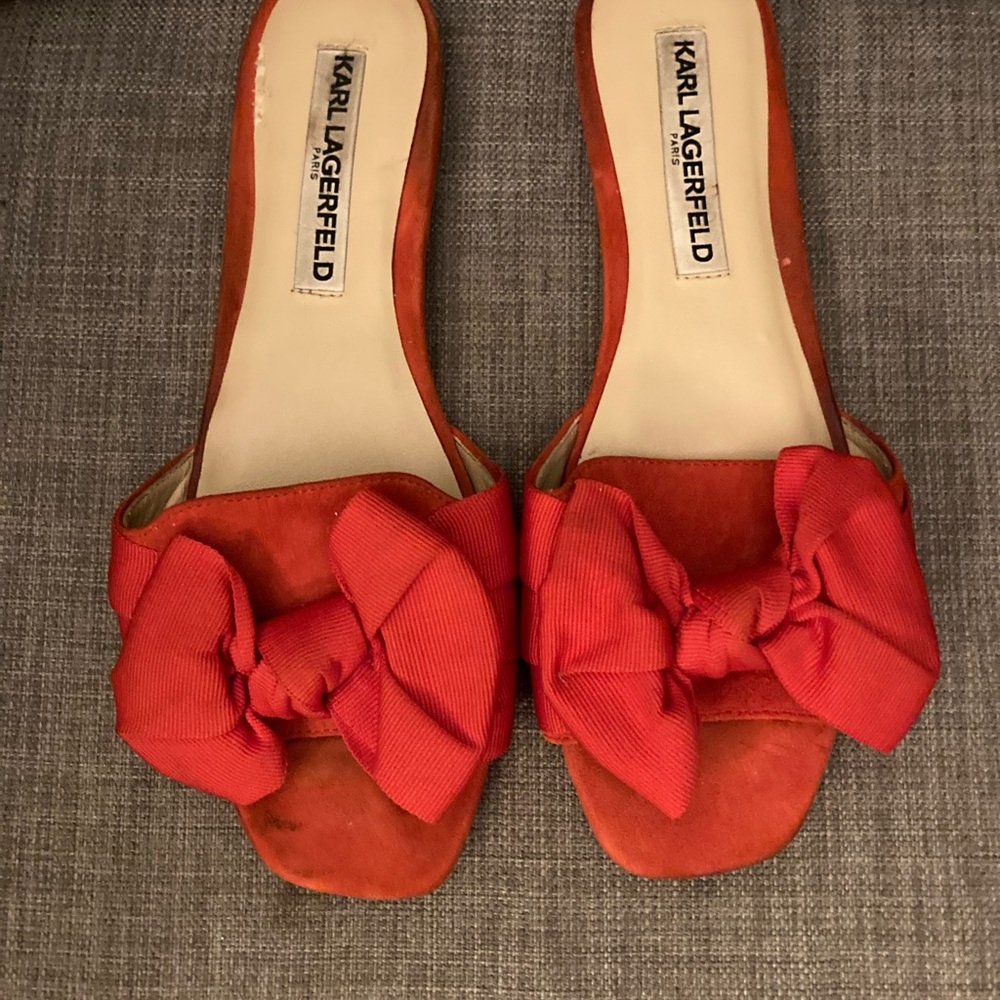 Karl Lagerfeld Paris Rosie Red Bow Fabric/Suede/Leather Slide Mules Size 6.5